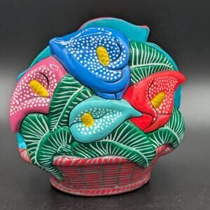 Talavera Mexican Pottery Napkin Holder calla lilies Colorful Flowers Floral
